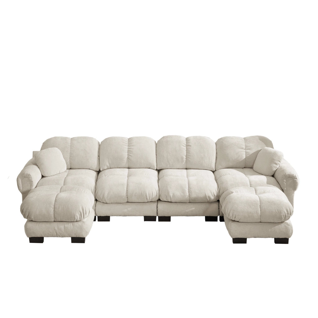 Divano angolare modulare a U 4 posti con 2 pouf mobili 330x149x90 cm in chenille kaki chiaro