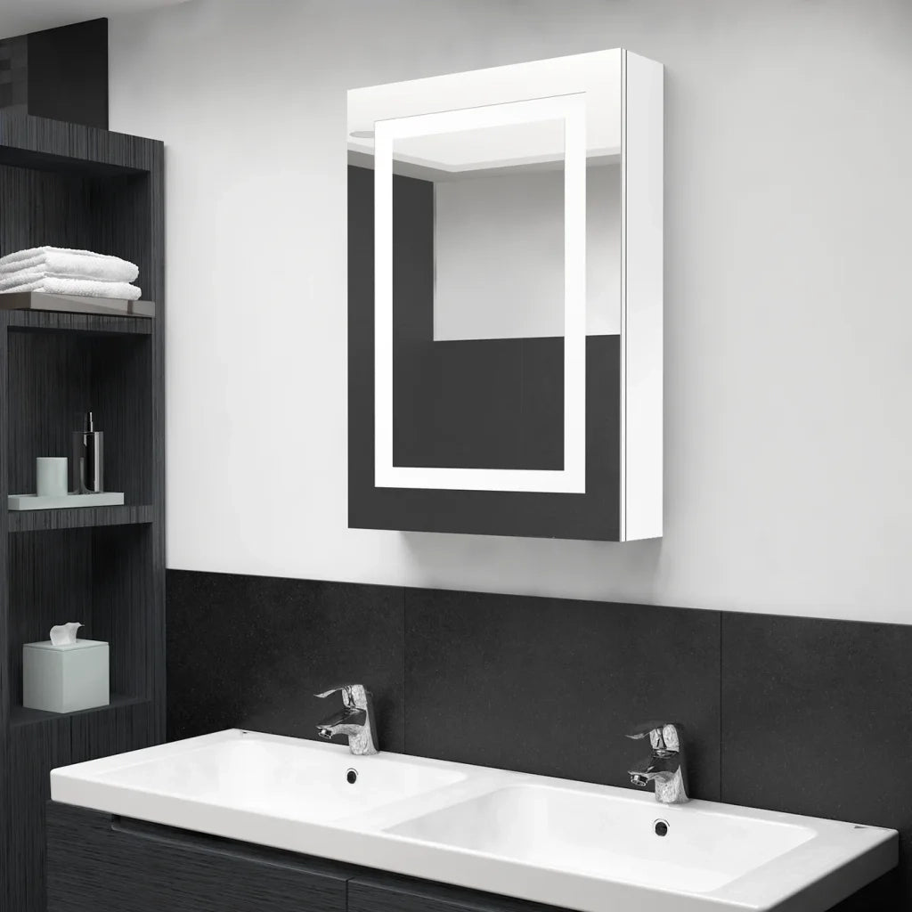Armadietto Bagno | Armadio da bagno con Specchio e LED Bianco Lucido 50x13x70 cm
