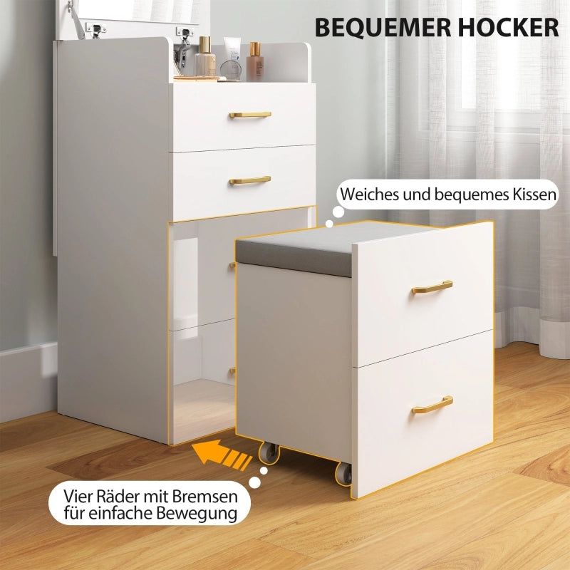Tavolo da toeletta 3-in-1 con specchio; comodino; sgabello con ruote e cassetti; Bianco