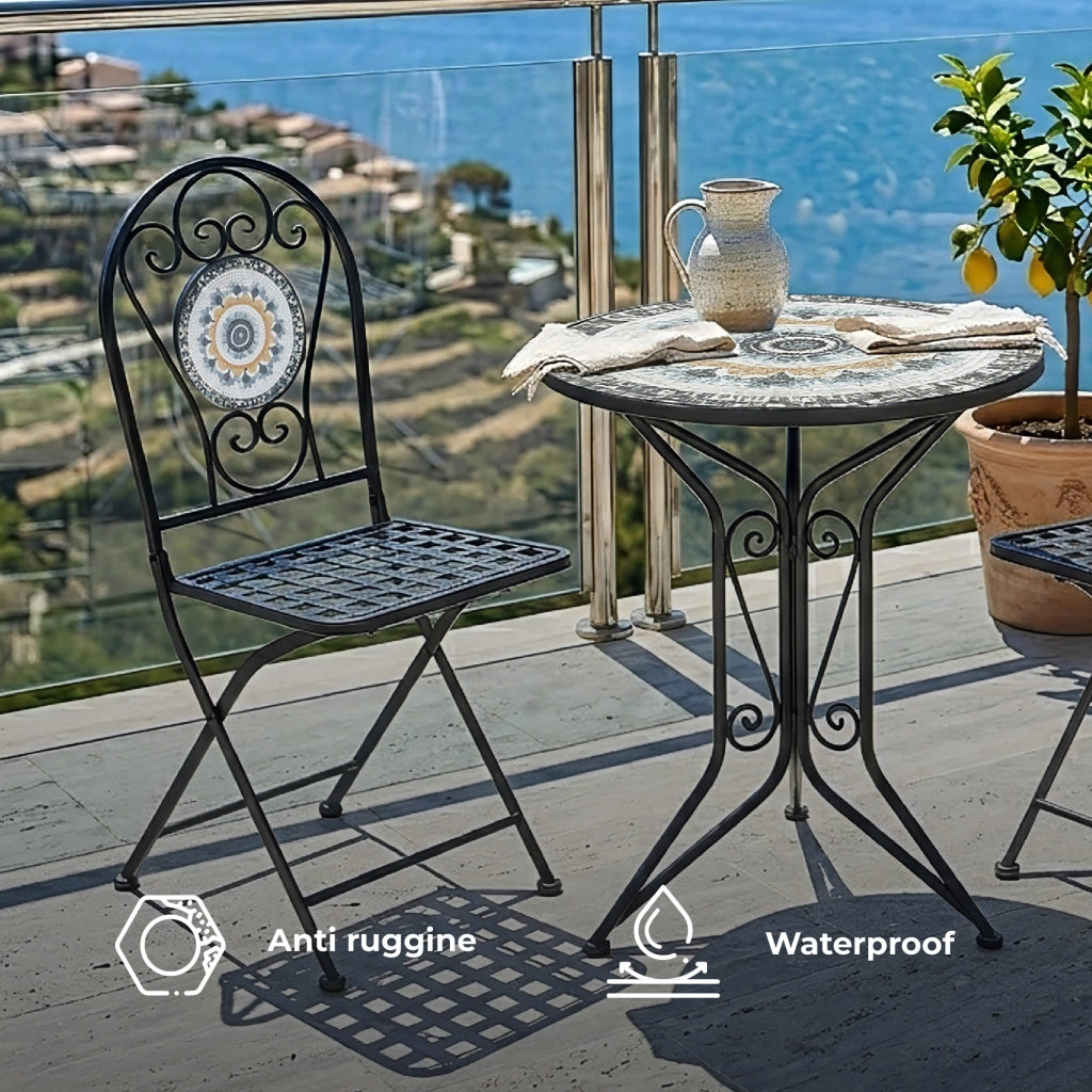 Set Bistrot Tavolino Con 2 Sedie Con Mosaico In Ceramica Per Esterno Terrazzo Giardino Pieghevoli Patio Casa,Bar,Ristoranti,Mobili Giardino Mod-Gela