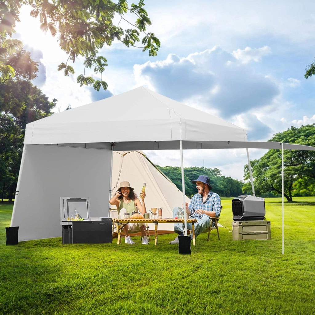 Gazebo Pieghevole 430 x 280 cm, Gazebo da Esterno con Pareti Laterali Convertibili in Tenda da Sole, 8 Picchetti, 4 Corde Antivento, Tendone Impermeabile per Feste (Bianco)