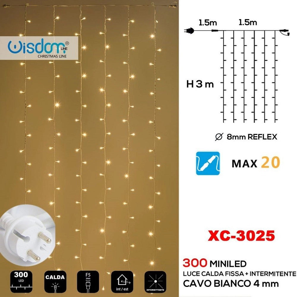 Trade Shop - Tenda Luminosa Natalizia 300 Led Luce Calda Fissa + Bianca Intermittente Xc-3025 -