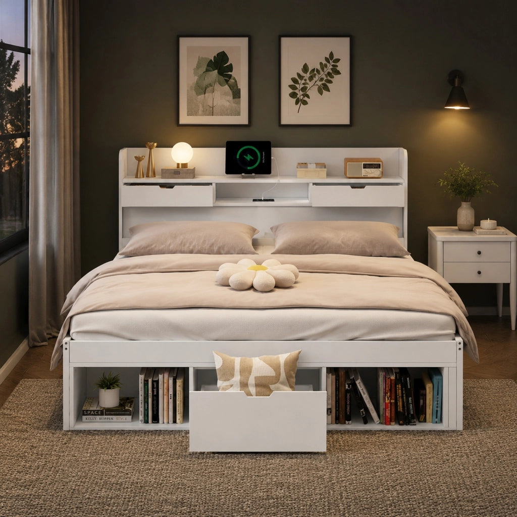 LETTO 140x190 cm bianco con USB e cassetti