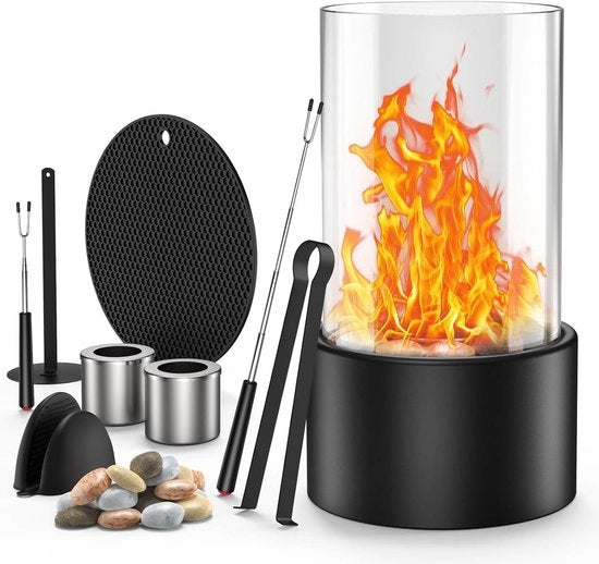 Tavolo da esterno con fuoco bioetanolo, senza fumo, con vetrata a tenuta di vento - Tavolo da fuoco decorativo per interni e esterni - Arredamento di casa, balcone e giardino - Regalo di benvenuto.
