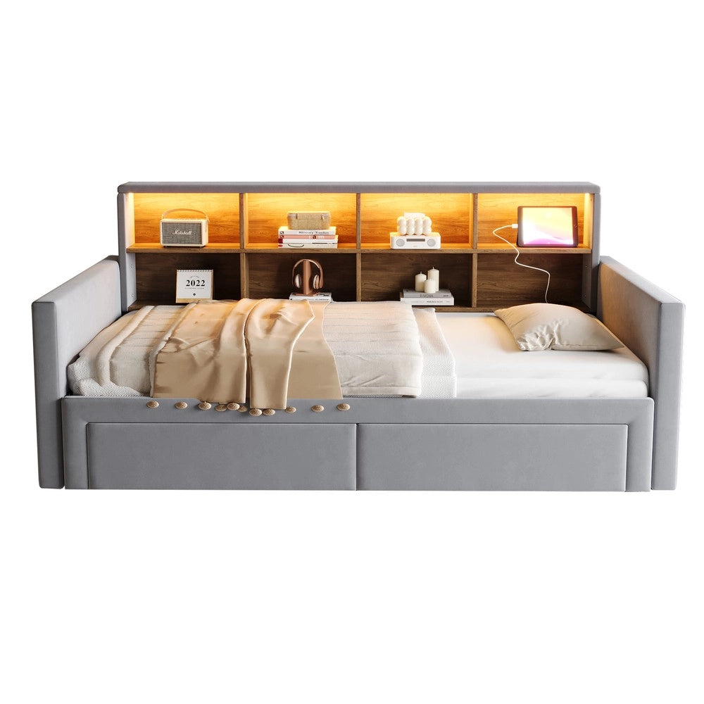 Letto Imbottito Estraibile con LED, Cassetti e Rete ¨C MINIMAL ¨C Velluto Grigio Scuro 90x190/180x190