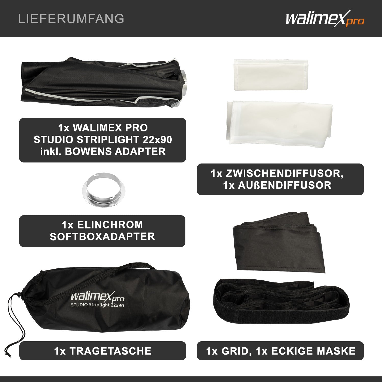 Studio Striplight Softbox 22x90cm + adattatore softbox per Elinchrom (diametro esterno: 15,2 cm), ruotabile a 360°, facile da montare grazie alla funzione ombrello, inclusa griglia