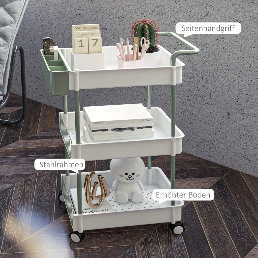 Carrello 3 Ripiani con Cesto Appendibile ¨C zephmum ¨C Bianco Metallo 50x30x77 cm