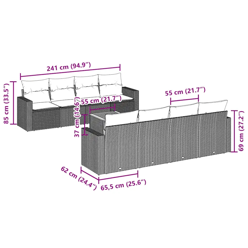 Set Divani da Giardino 9 pz con Cuscini Nero in Polyrattan