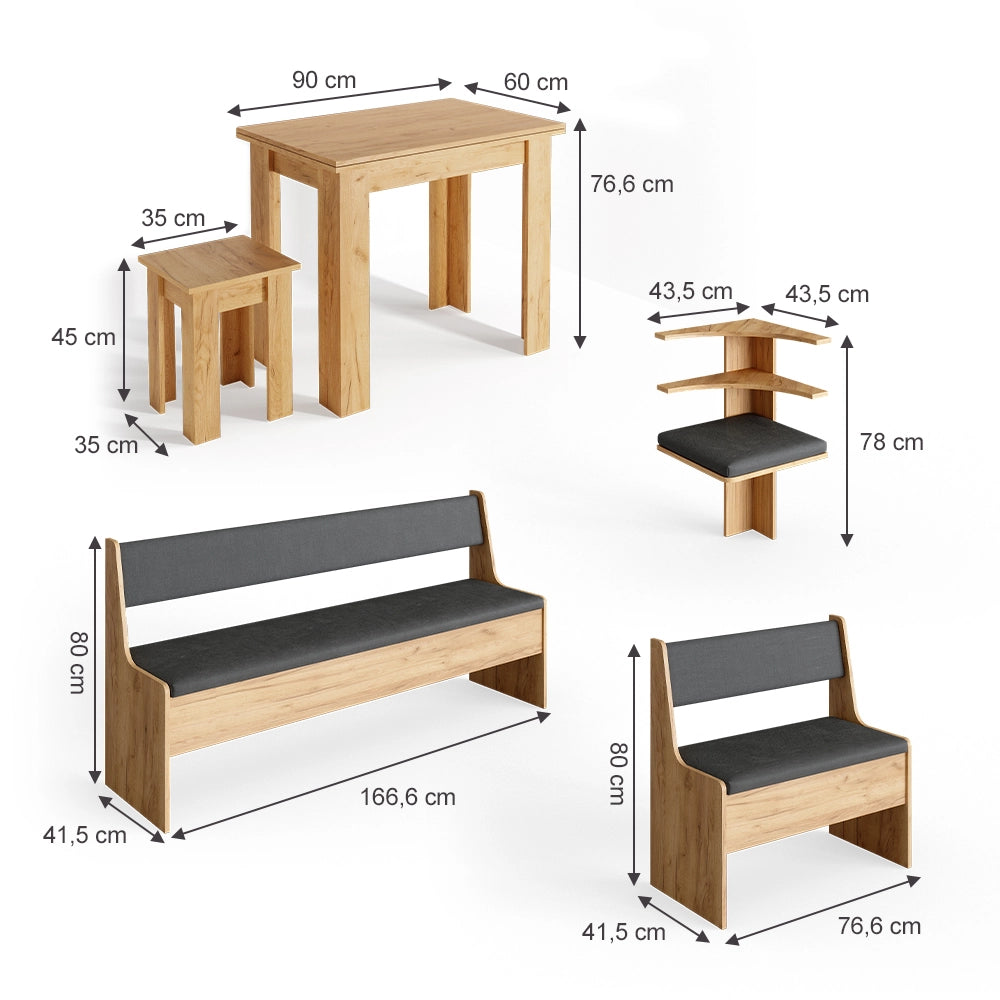 Vicco Gruppo panca ad angolo Quercia dorata 210 x 120 cm con tavolo