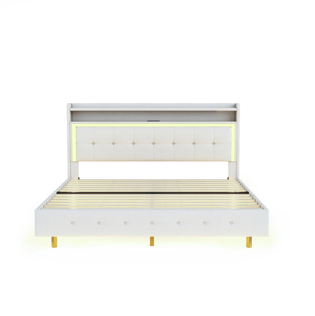 Letto imbottito 140x200 cm; USB e LED; tessuto di lino; beige (Senza materasso)