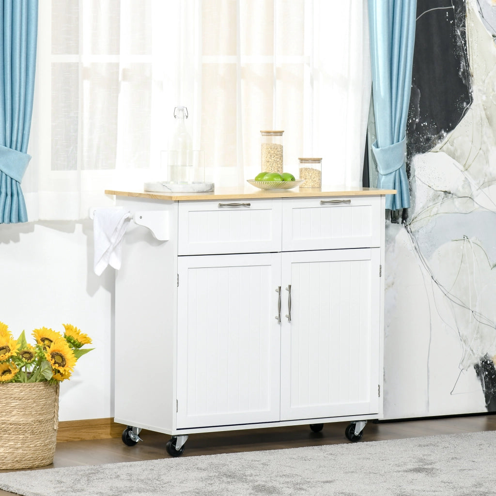 Carrello da Cucina Multiuso in Legno con 2 Cassetti, 104x46x91cm - Bianco
