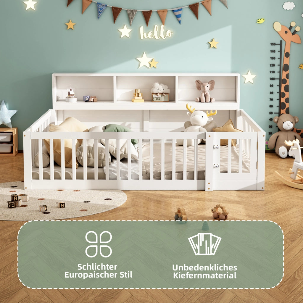 LETTO GIORNO 140x200 cm in pino e MDF bianco con sponde e vani laterali