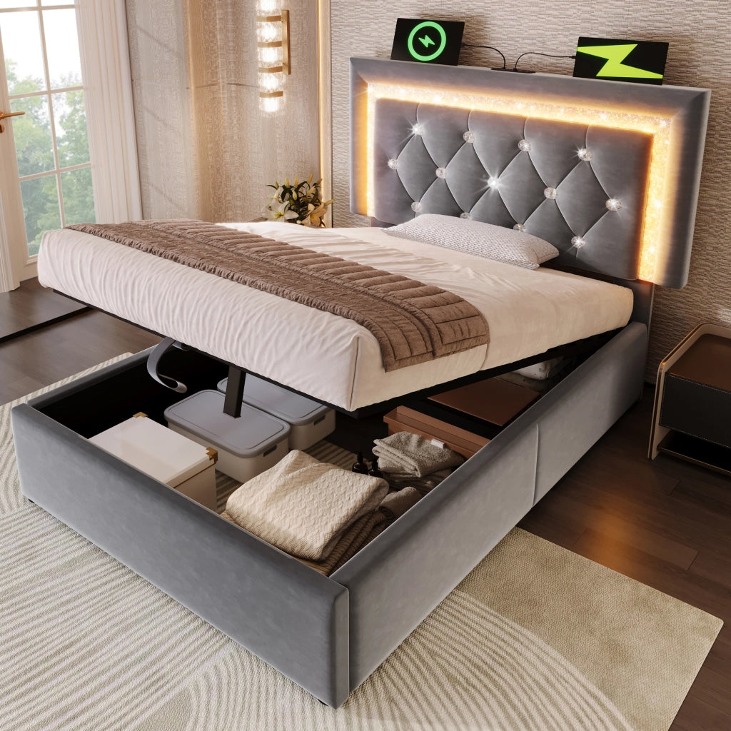 LETTO 90x200 cm in velluto grigio con LED, USB e materasso incluso