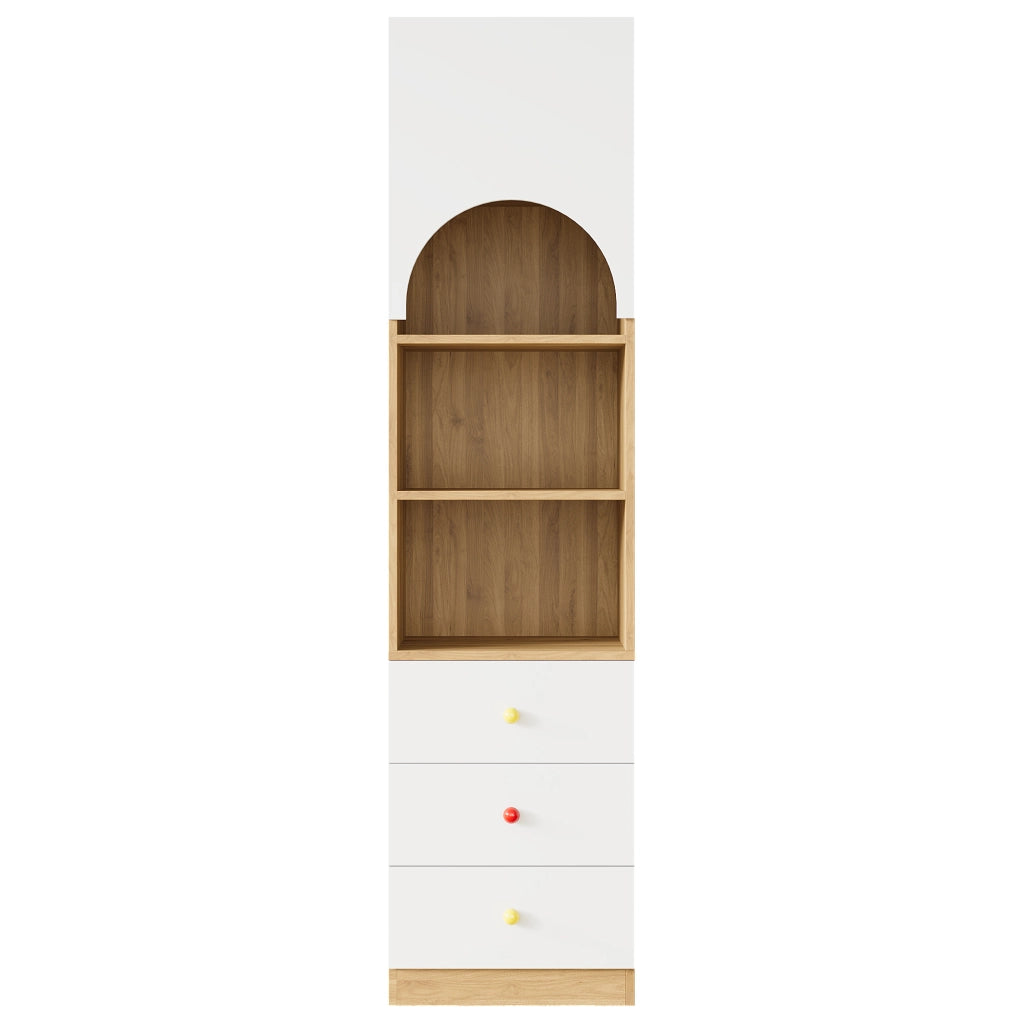 Libreria, vetrina, 3 cassetti, ripiani portaoggetti, maniglie in ceramica, finitura effetto legno, bianco