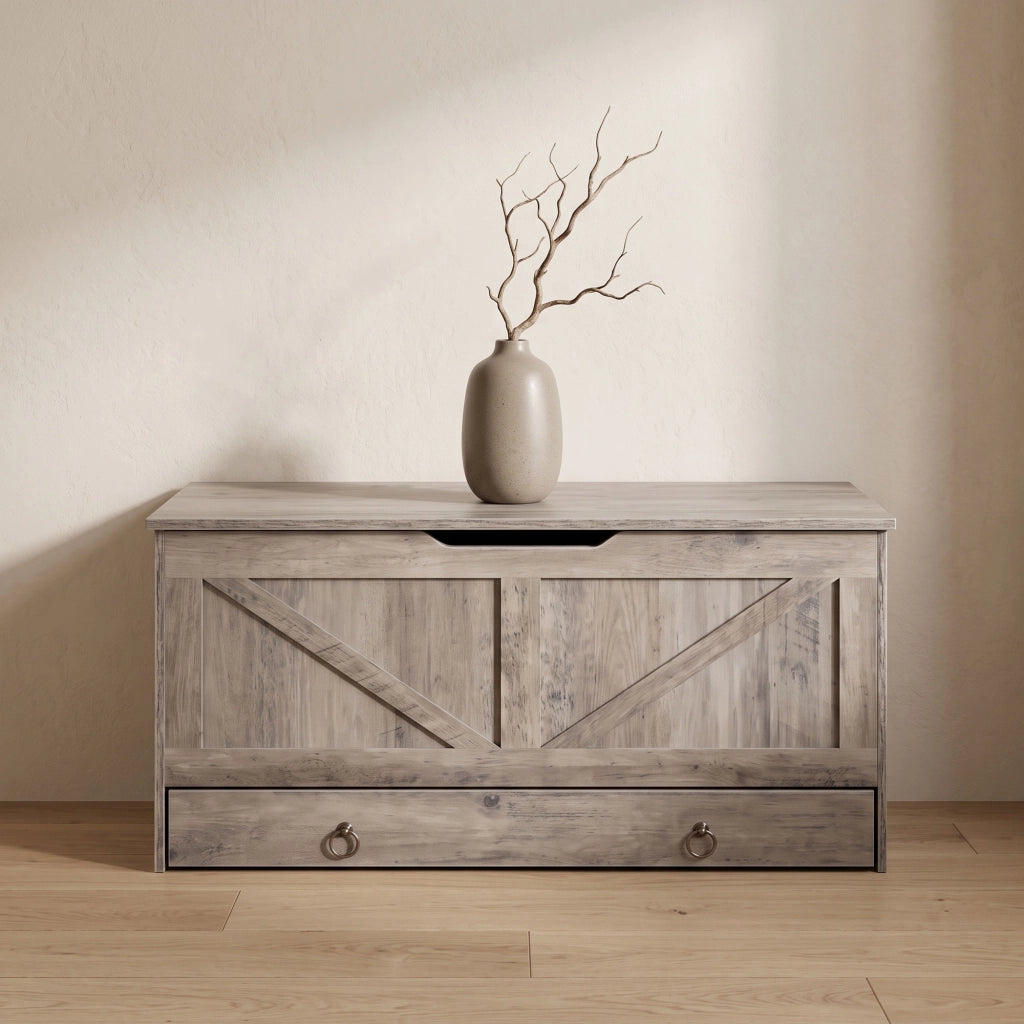 Kura - Cassapanca contenitore 100x50x40 cm Portaoggetti con Cerniere di Sicurezza e con Cassettiera in Legno Industrial