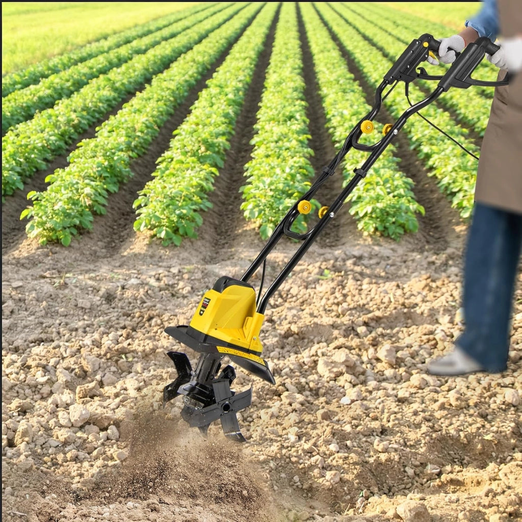 Motozappa Elettrica Pieghevole 750W, Larghezza di Lavoro 32 cm Profondità di Lavoro 22 cm, 4 Lame, Zappatrice Elettrica per Orto e Giardino (Giallo, 32 x 24 x 138 cm)