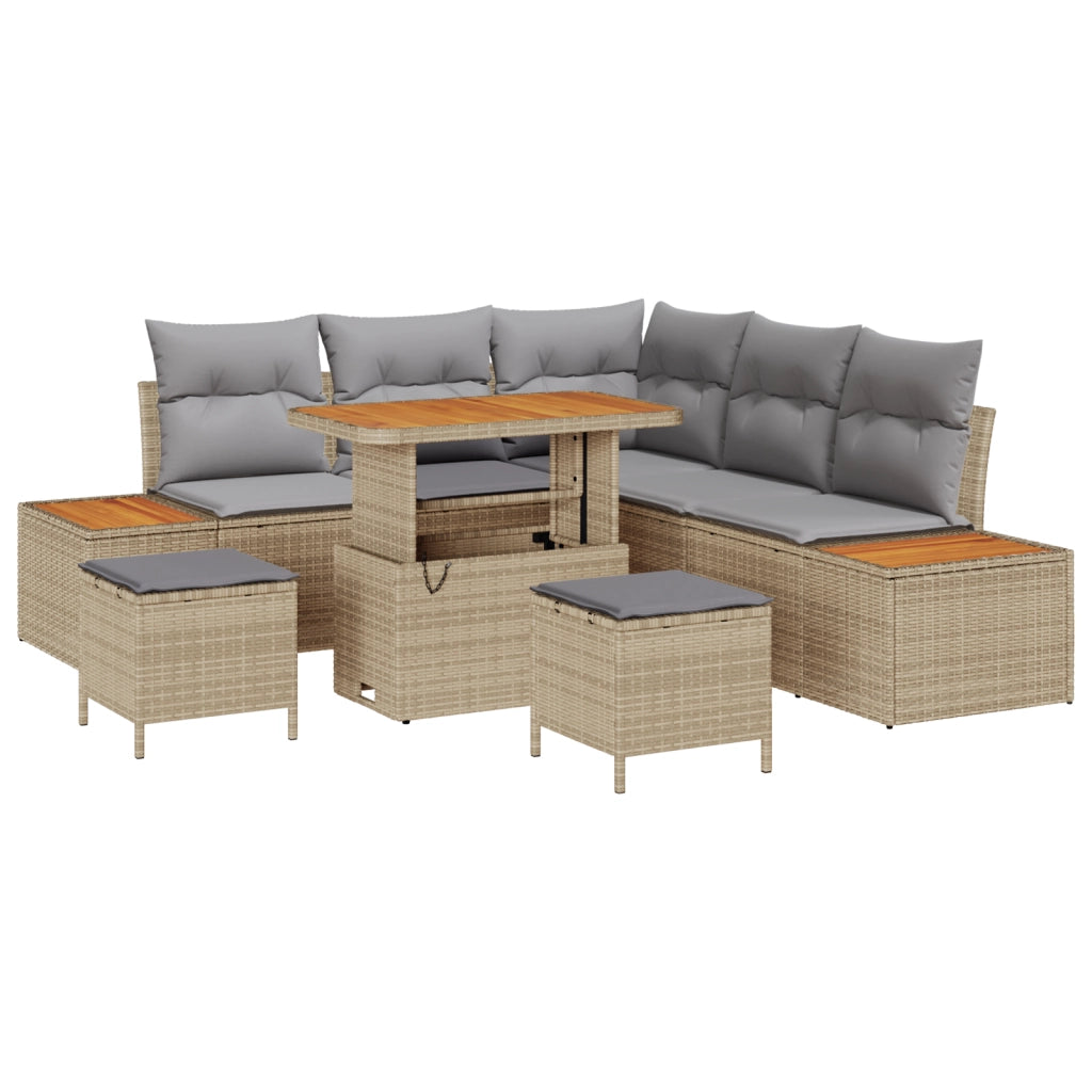 Set Divano da Giardino con Cuscini Beige in Polyrattan Acacia