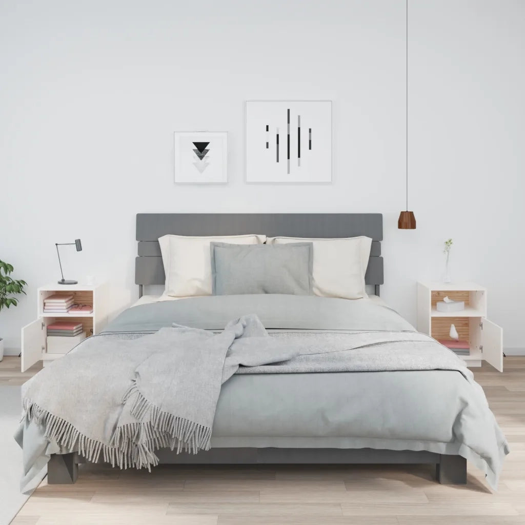 Set di 2 Comodini | Armadio da Notte | Mobiletto da notte Bianchi 40x34x55 cm in Legno Massello di Pino