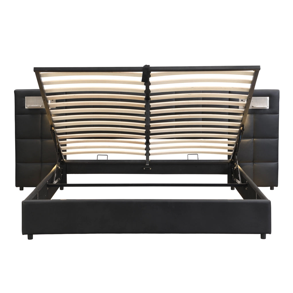 Letto imbottito nero con contenitore, USB e ricarica wireless 180 x 200 cm