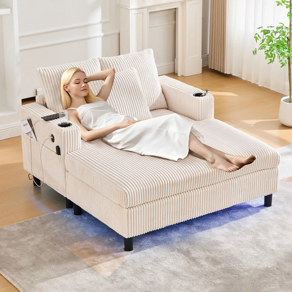 Poltrona Chaise Longue con LED; Porte USB e Portabicchieri; in Velluto a Coste Beige; 142 × 128 × 85 cm