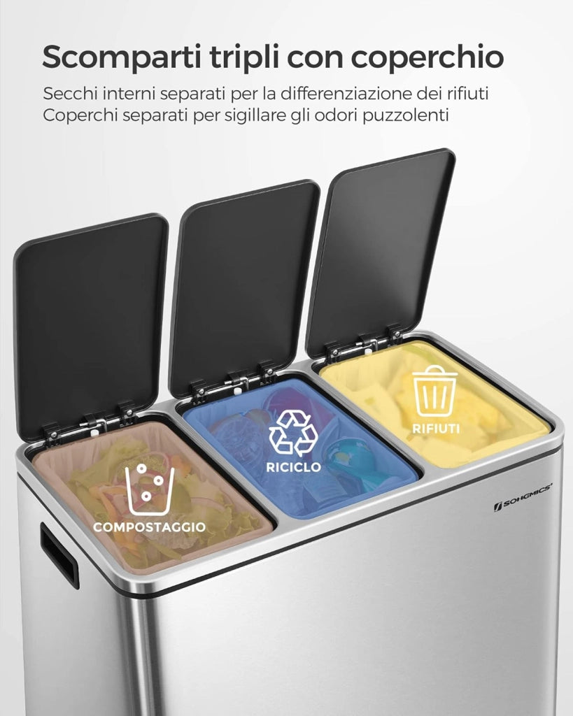 SONGMICS Cestino da Cucina, Pattumiera per Raccolta Differenziata 3 x 18L, 3 Scomparti per Riciclaggio, Coperchi a Chiusura Morbida, Pedali, Acciaio, Argento Metallizzato e Nero Inchiostro LTB54NL