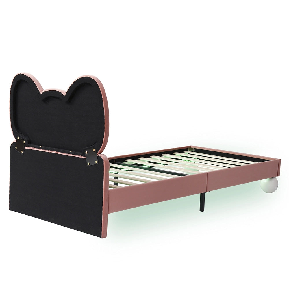 Letto bambino-Xylo-90x200 cm-testa mosca, LED regolabile, velluto, beige+rosa