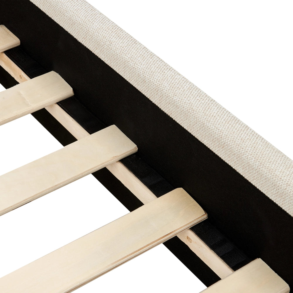 Letto singolo con testiera rotonda in tessuto beige chiaro con Base a doghe Gambe in legno con Testiera a Mezza Luna
