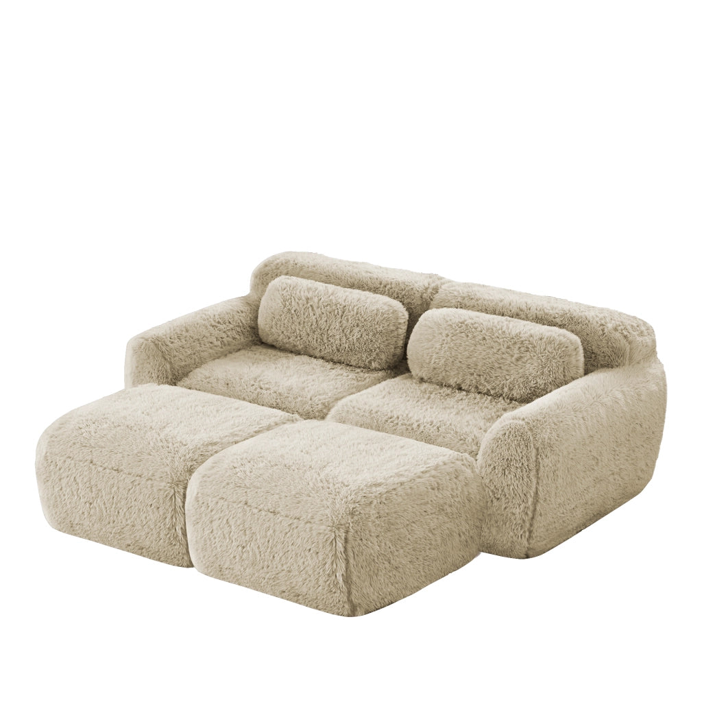 Divano Modulare 2 Posti con 2 Pouf; senza Montaggio; Design Avvolgente; in Peluche; Cachi Chiaro