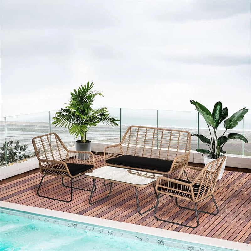 SET DA GIARDINO IN RATTAN 2 POLTRONE DIVANETTO E TAVOLINO CON RIPIANO IN VETRO