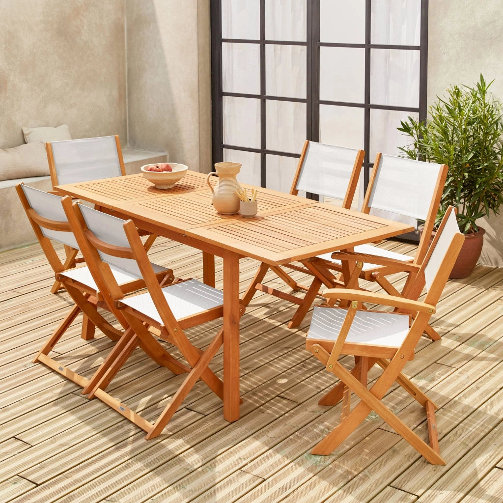 Set tavolo da giardino rettangolare allungabile in legno con 6 sedie,