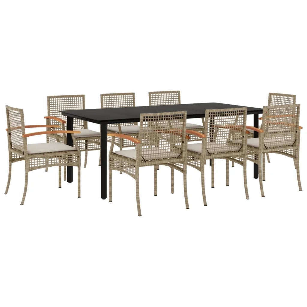 Set da Pranzo da Giardino 9 pz con Cuscini Beige in Polyrattan