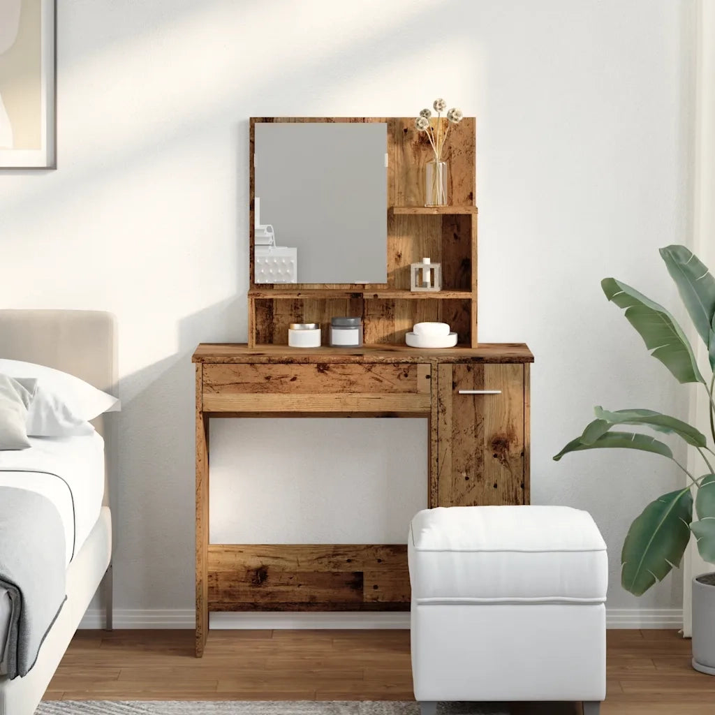 Toeletta con Specchio-Tavolo da Vanit¨¤ Legno Antico 86,5x35x136 cm