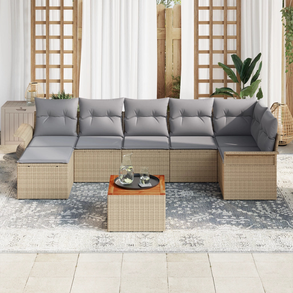 Set Divano da Giardino di 8 Pezzi con Cuscini Beige in Polyrattan e Acacia