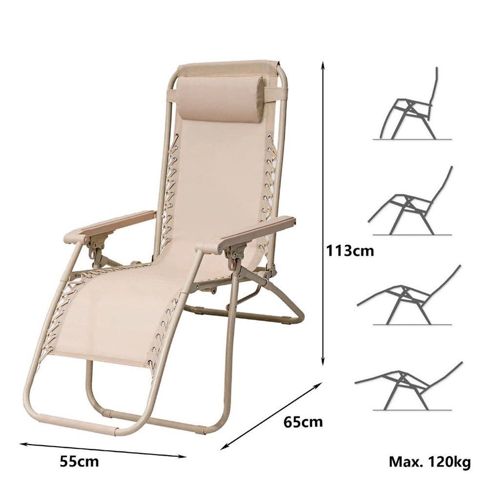 Trade Shop - Sedia Sdraio In Textilene Pieghevole Reclinabile Con Poggiatesta Da Giardino Colorata - Beige