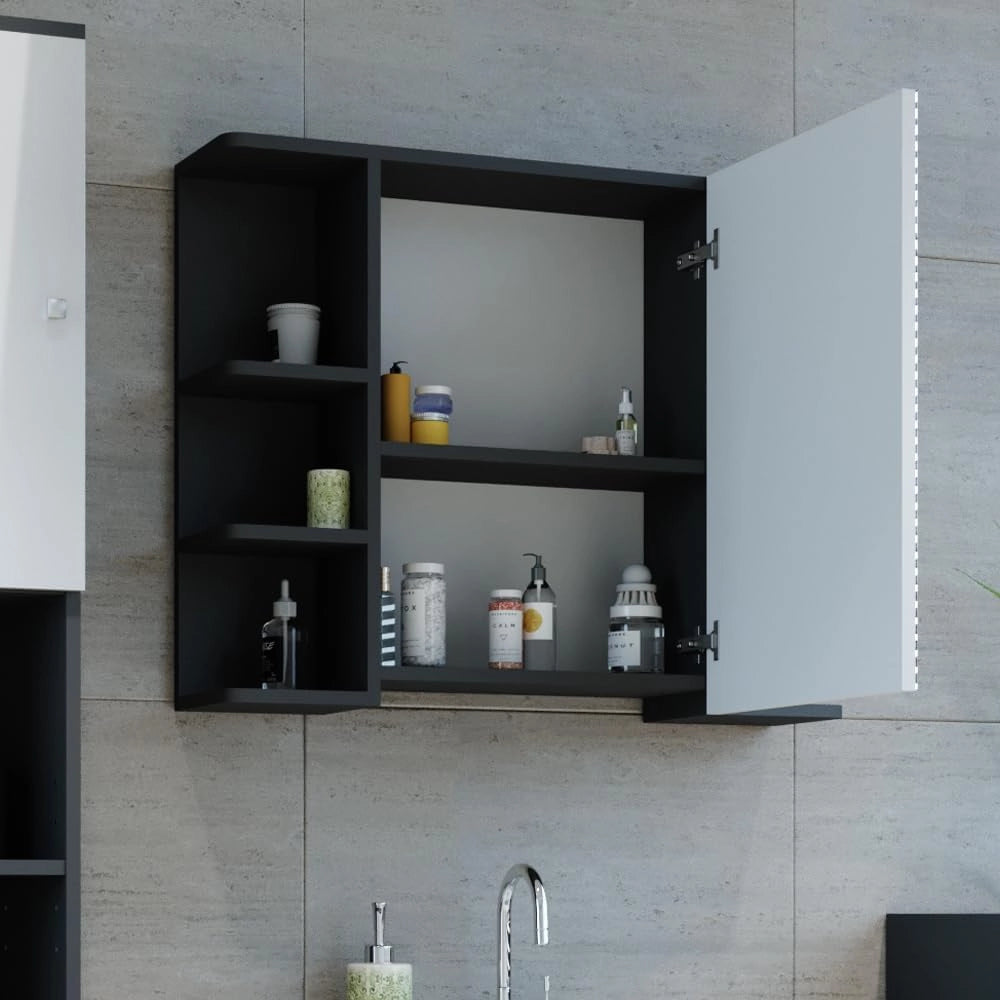 Specchio contenitore bagno Fynn, Antracite, 79.6 x 64 cm, con specchio e ripiani aperti per montaggio a parete