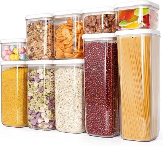 Scatole di Stoccaggio per Cucina con Coperchio - Set di 10 Scatole di Stoccaggio Aeree per Spezie e Cereali