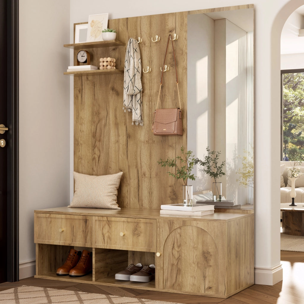Garderobiera da ingresso multifunzione 6 in 1 con specchio, 5 ganci, 2 cassetti e vano chiuso, effetto legno, 120 x 35 x 159 cm