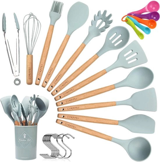 Set di accessori da cucina, 27 pezzi, Accessori da cucina in silicone, Antiaderente, Set di accessori da cucina termoresistente con manico in legno, contenitore di stoccaggio, Set di mestoli, 10 H fori
