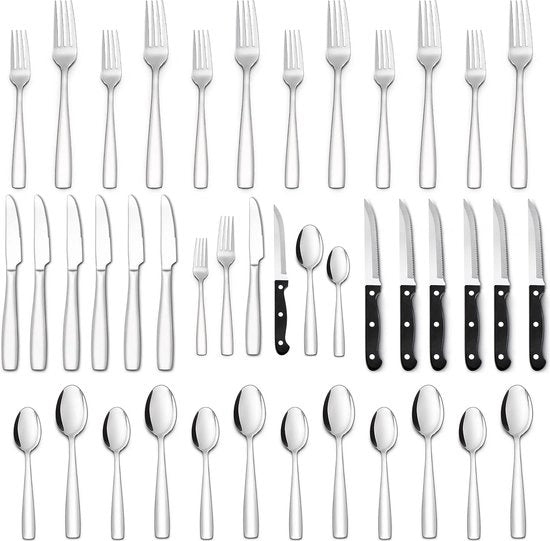Set di cucina per 6 persone, 36 pezzi in acciaio inossidabile, set di cucina laccato con coltello per bistecca, elegante set di cucina con cucchiaio, forchetta, cucchiaio, set di posate per la casa, per il festino, per il ristorante, lucido con specchio.