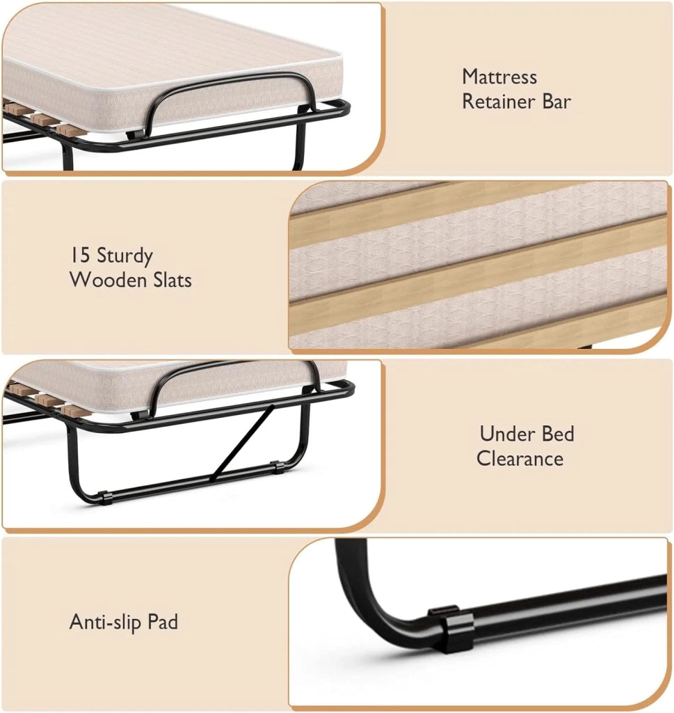 Letto Pieghevole, Singolo con 4 Ruote, 4 Gambe in Mettallo, Fibbia Fissata, 80 x 190 cm, Materasso di 10 cm, Ideale per Viaggio e di Riserva