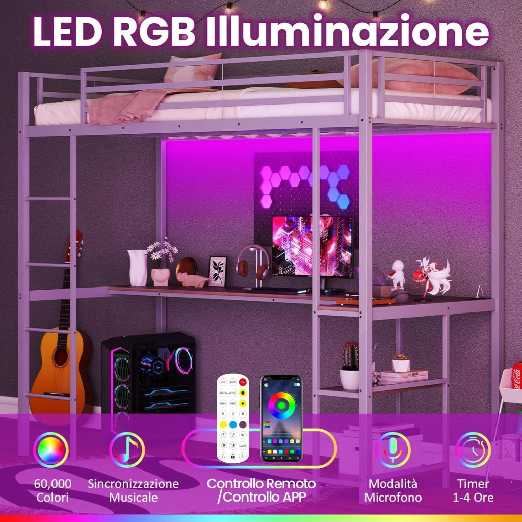 Letto a Soppalco 90 x 200 cm con Scrivania Sotto, Letto a Castello con Luce LED e Stazione di Ricarica, Letto Rialzato Struttura in Ferro con 2 Ripiani per Ragazzi e Ragazze (Argento)