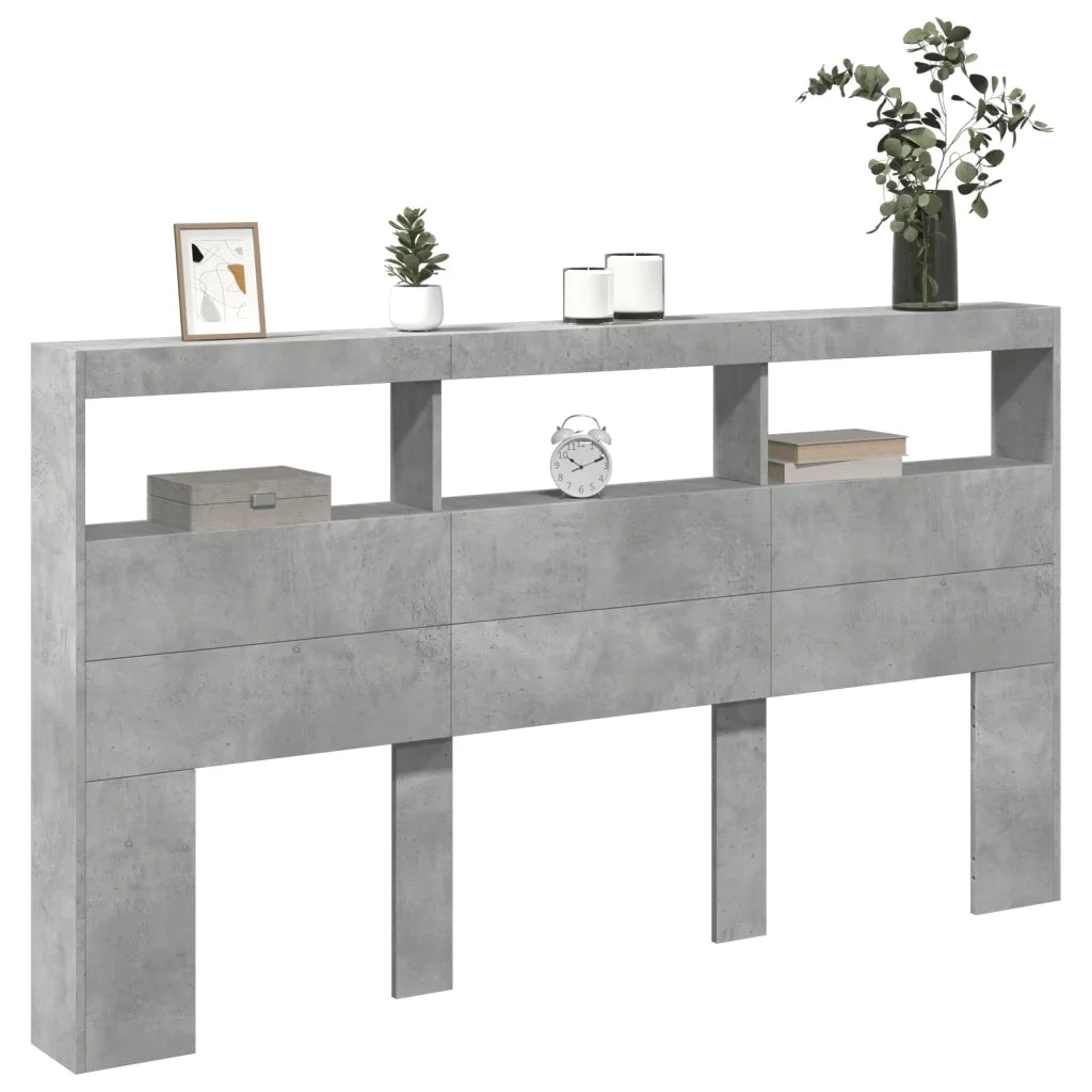 Testiera con Contenitore a LED-Testiera con Ripiani Grigio Cemento 180x17x102 cm