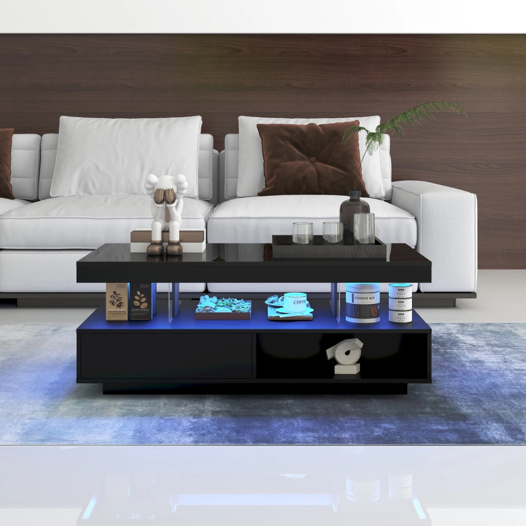 Tavolino da caff¨¨ nero lucido 95x50x42,5 cm con 4 inserti in vetro, 2 cassetti e 2 vani a giorno
