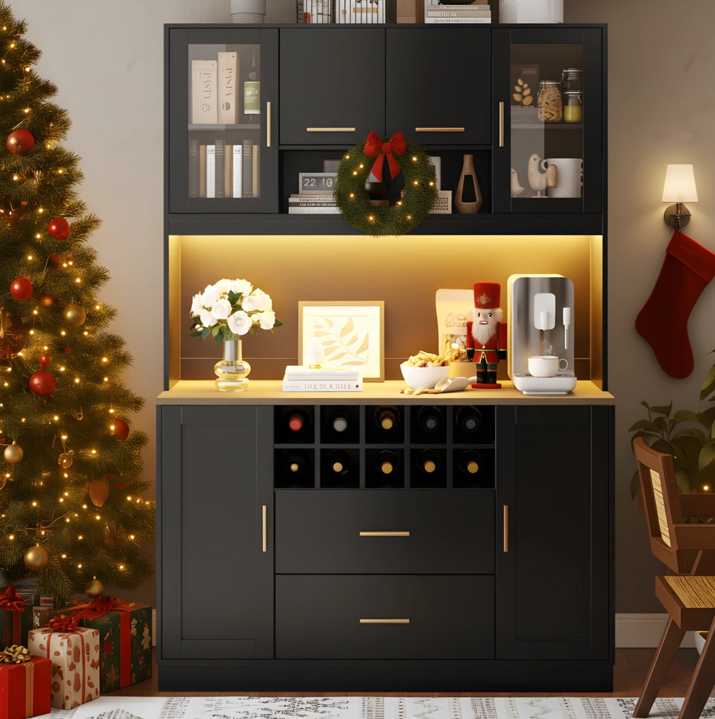 Credenza 120x36,3x180 cm con LED, prese USB e portabottiglie