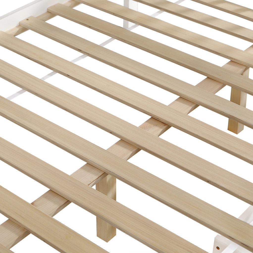 Letto per bambini 140x200 cm con sponde; cassetti e tetto in legno e MDF; bianco e naturale