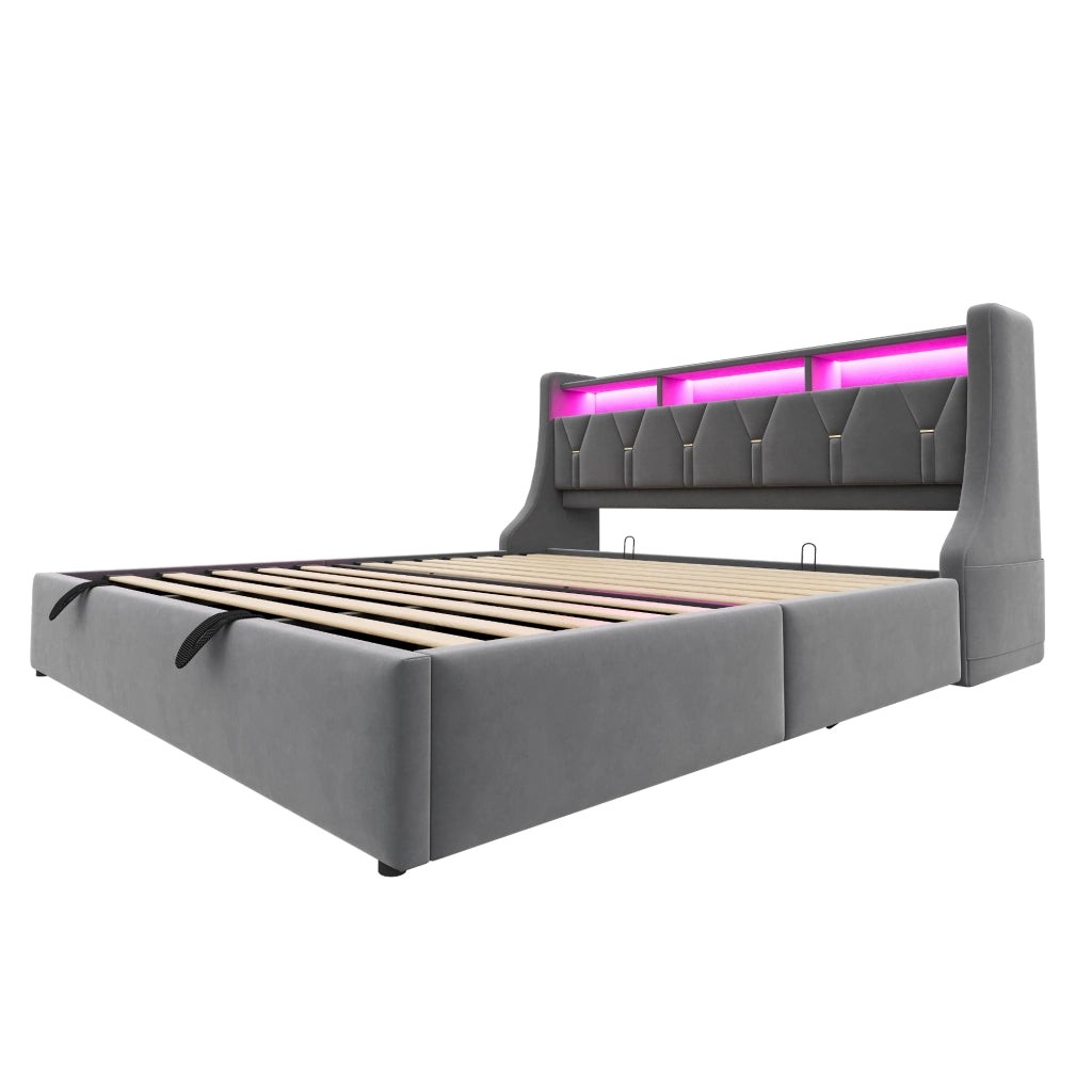 Letto matrimoniale imbottito 180x200 cm con contenitore idraulico, testiera ribaltabile, LED, prese USB e Type-C, velluto grigio