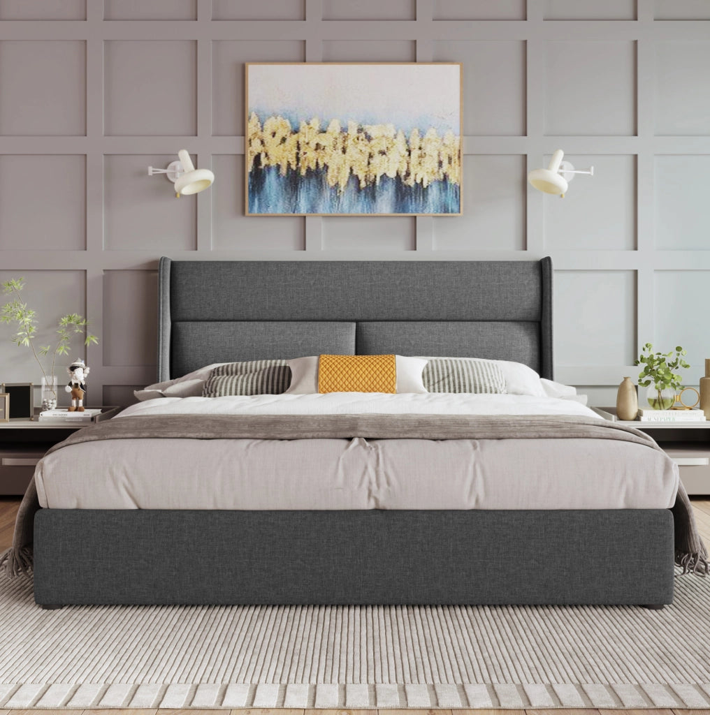 Letto imbottito 145x217x113 cm con testiera regolabile e contenitore idraulico in lino grigio