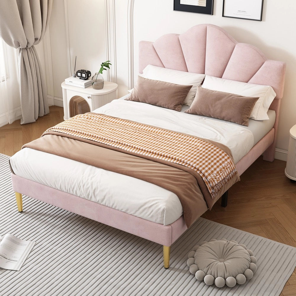 Letto Imbottito Matrimoniale in Velluto ¨C MINIMAL ¨C Rosa 140x190, Testiera Regolabile, Doghe in Legno