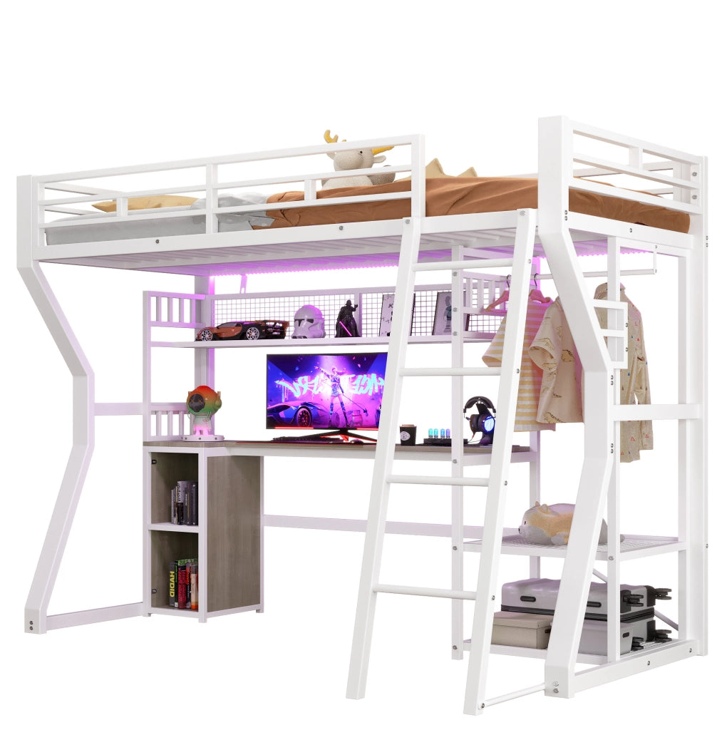 Letto a soppalco 90x200 cm con scrivania; vano appendiabiti; mensole; luce integrata; bianco