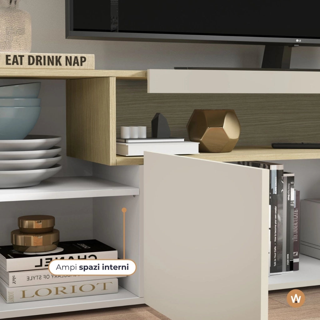 WHOUS Mobile porta TV Real con 4 ante e 1 vano aperto cashmere e rovere chiaro 200x40x60 cm